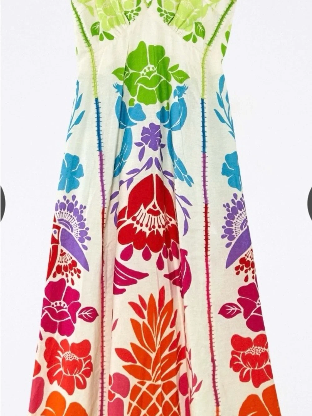 FARM Rio White Maxi Dress with Green Bodice and Multicolor Floral Motifs - Picture 4 of 14